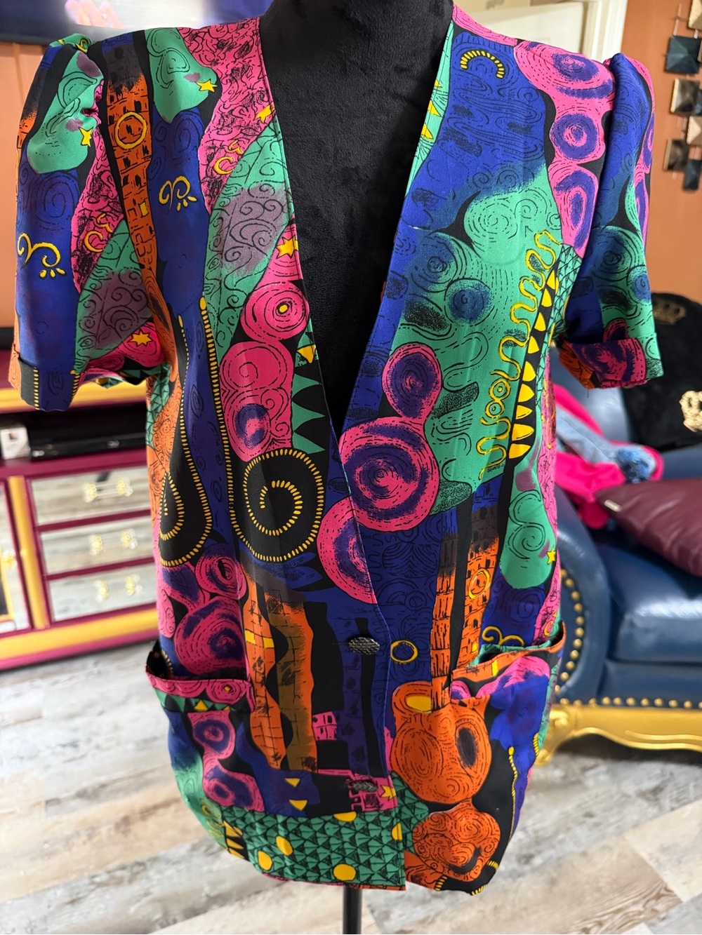 Vintage Chyaulin Vibrant Abstract Print Open Front Jacket
